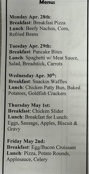 menu for April 28th-May 2nd